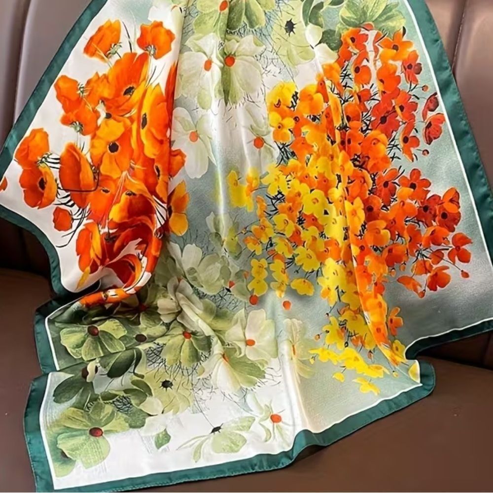 Floral Silky polyester Scarf with Orange and Green Accents
